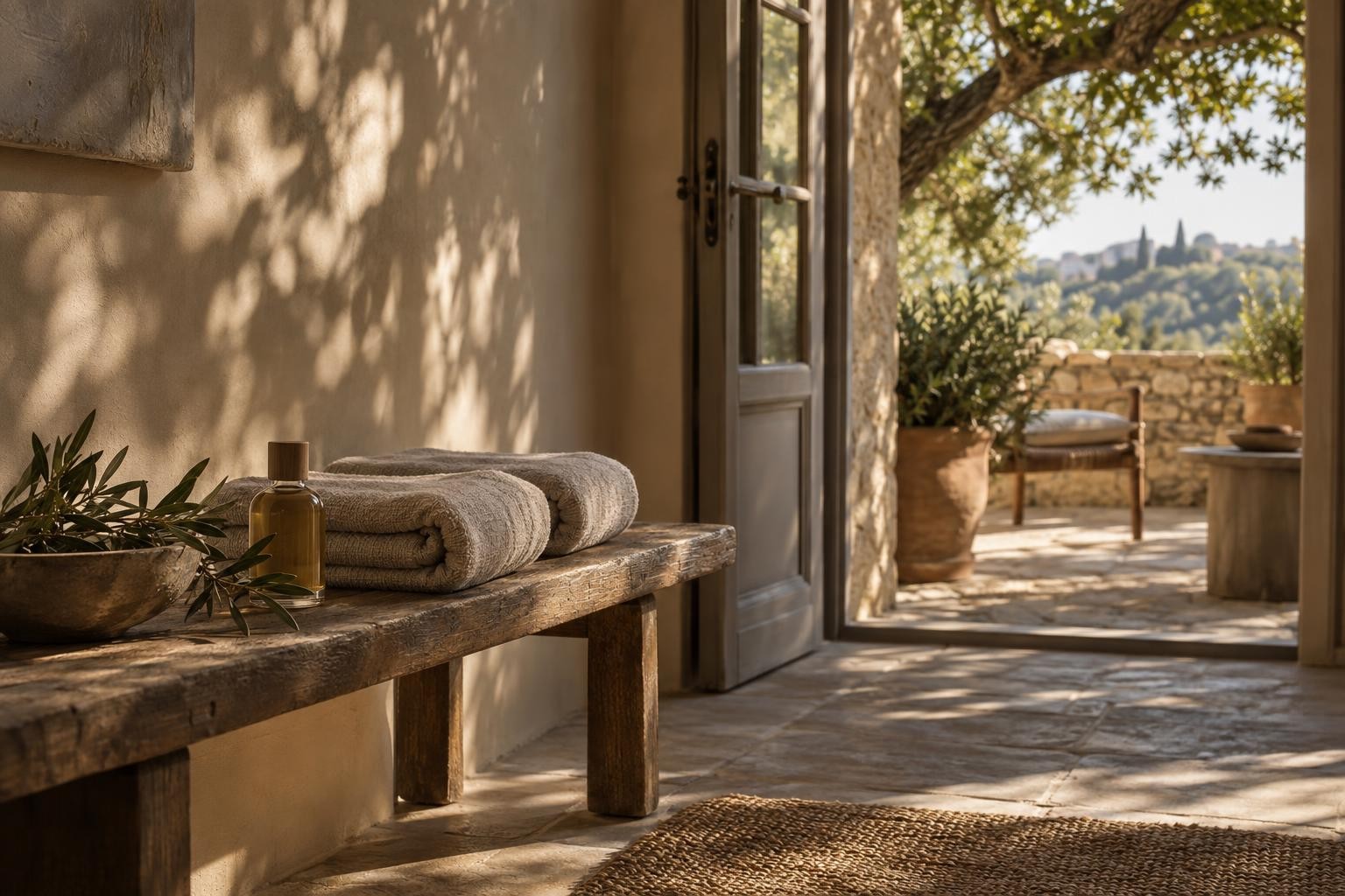 Serviettes en lin dans un espace calme ouvert sur une terrasse provençale ombragée