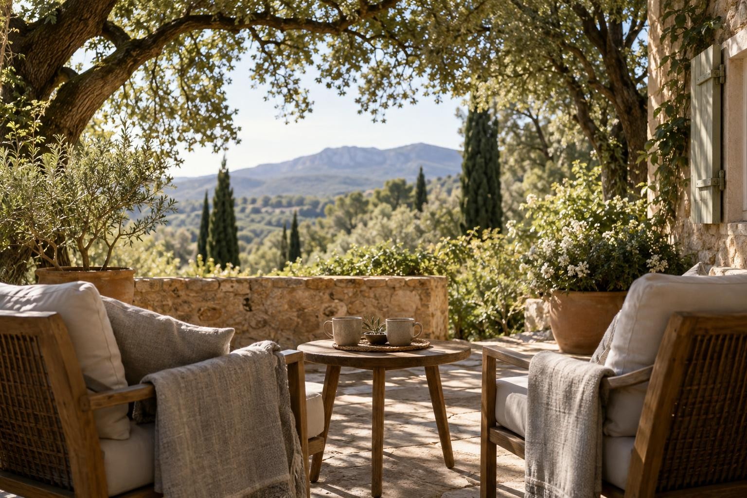 Deux fauteuils et une petite table sur une terrasse ombragée, pour prolonger une pause à deux sous les chênes