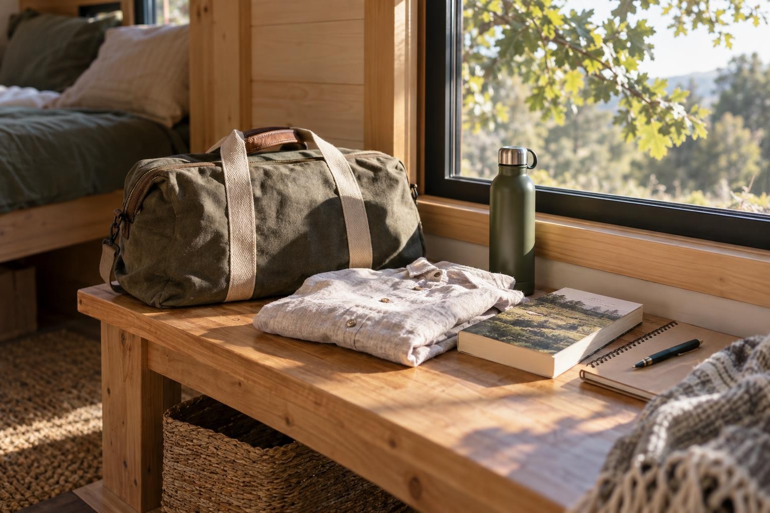 Sac de week-end, vêtements légers et livre posés près d’une fenêtre dans une Tiny House