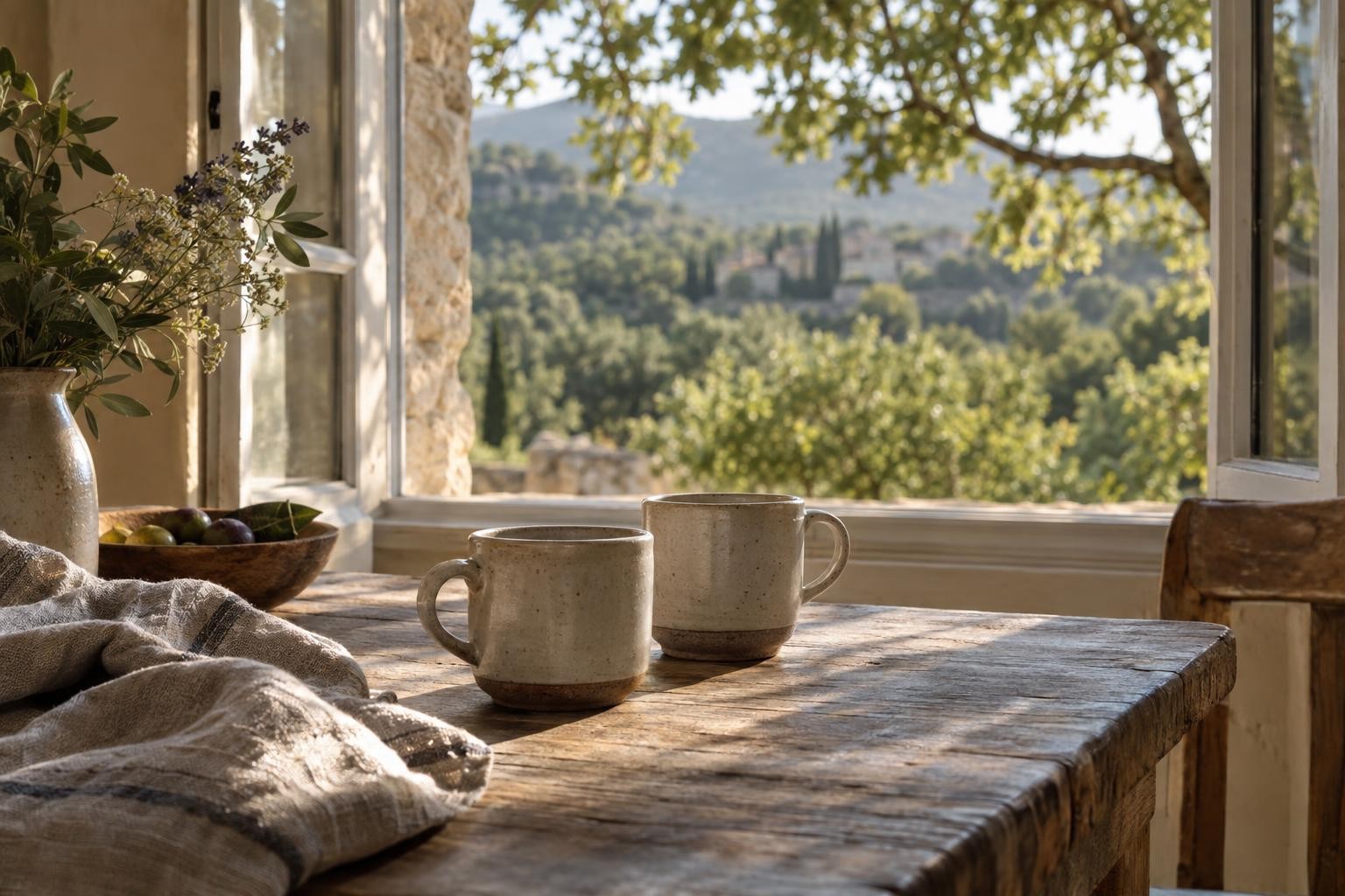 Deux tasses en céramique près d’une fenêtre ouverte sur la verdure provençale