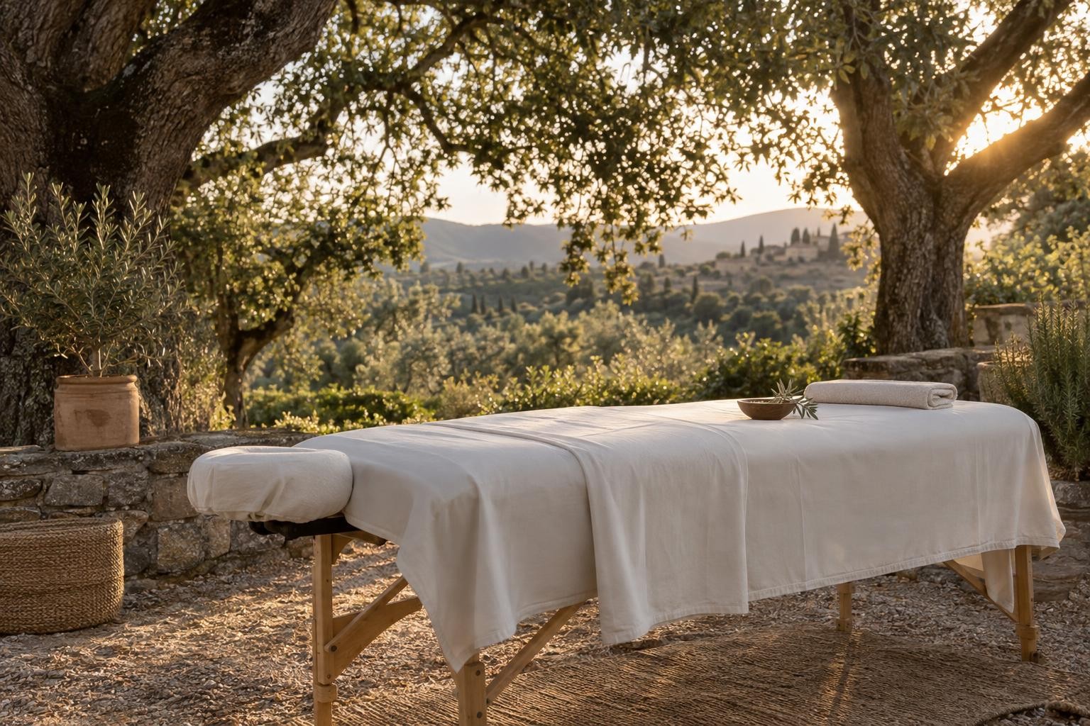 Table de massage préparée sous les chênes dans une lumière douce