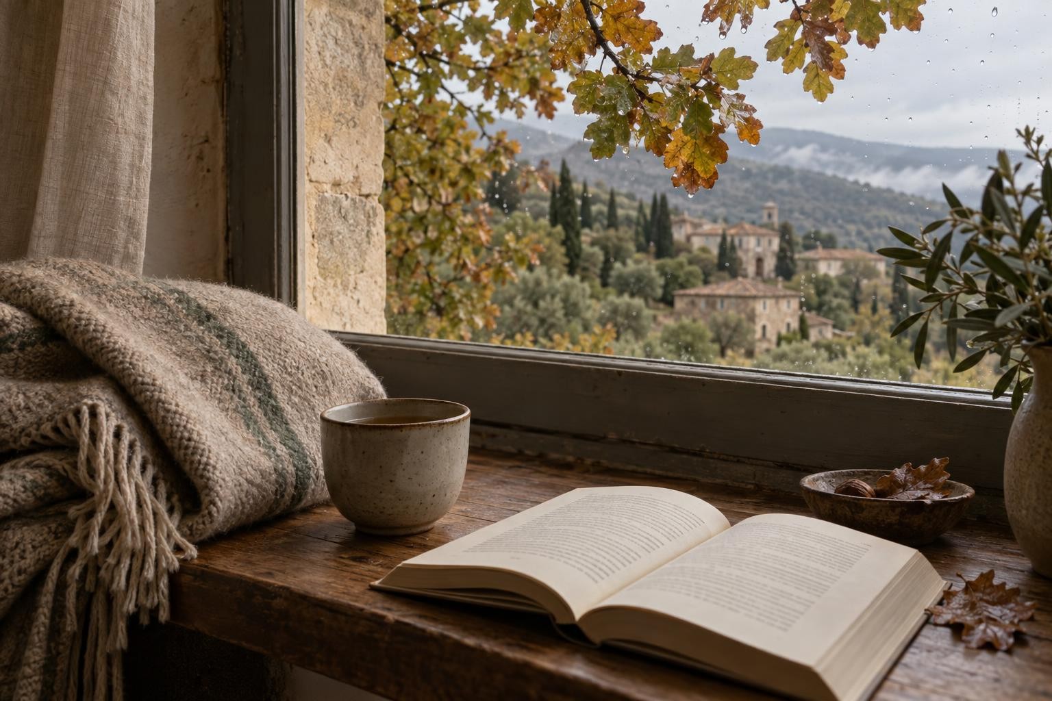 Un livre, une tasse en céramique et une couverture près d’une fenêtre ouverte sur les chênes après la pluie