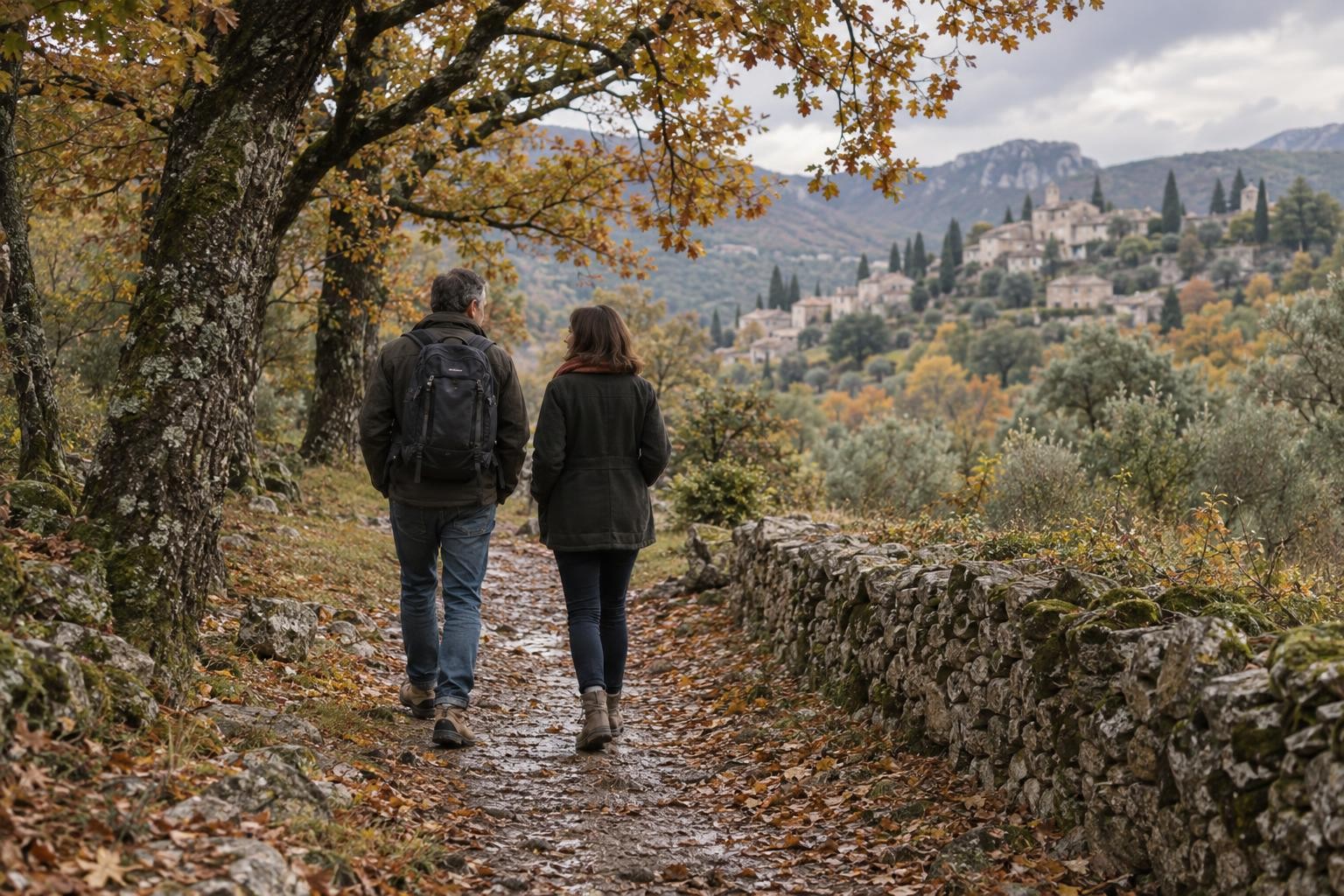 Un couple marche tranquillement sur un chemin humide sous les chênes en automne