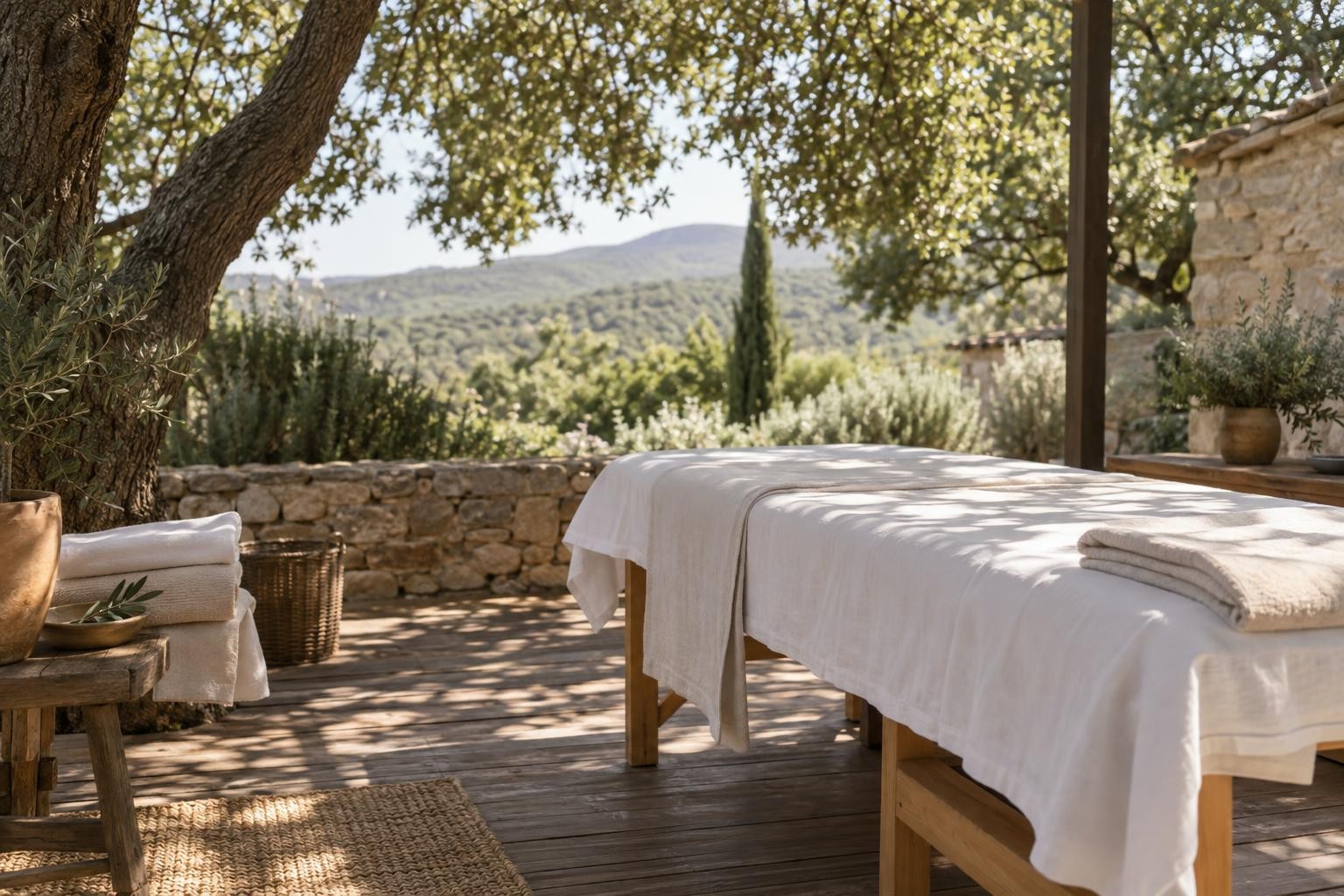 Espace de massage extérieur préparé sous les chênes en Provence, avec linge clair et lumière douce