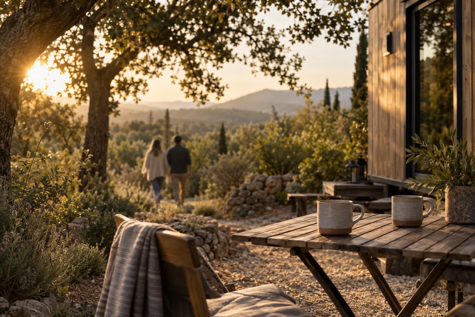 Deux tasses sur une table en bois près d’une Tiny House sous les chênes en Provence