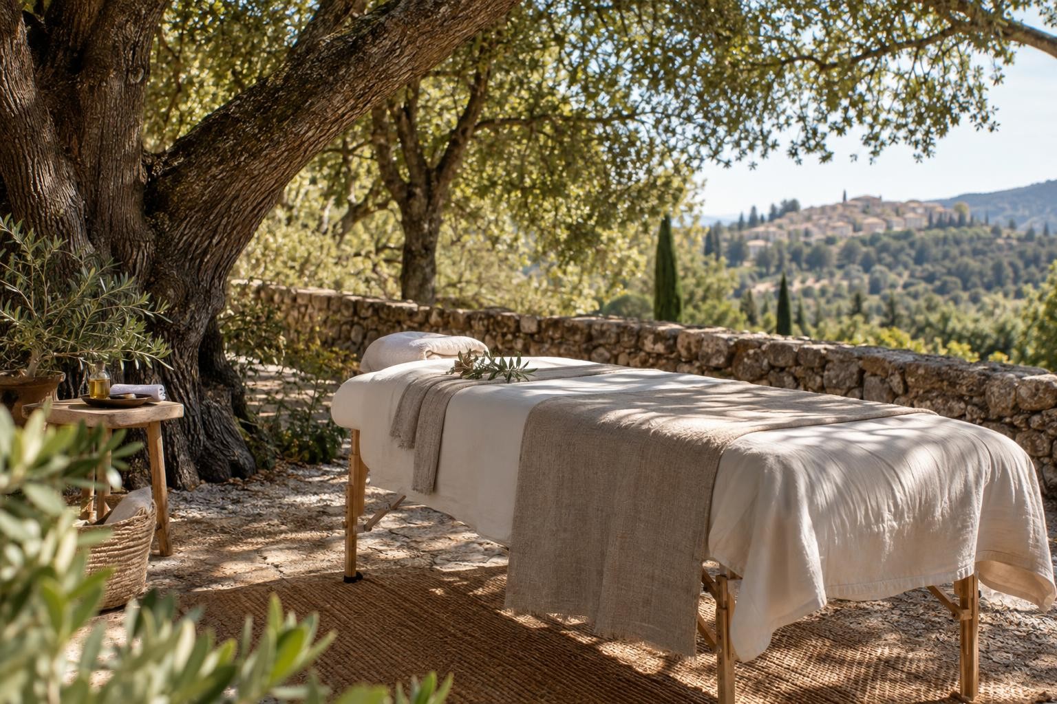 Espace de massage installé sous un chêne, avec une lumière douce et un linge clair
